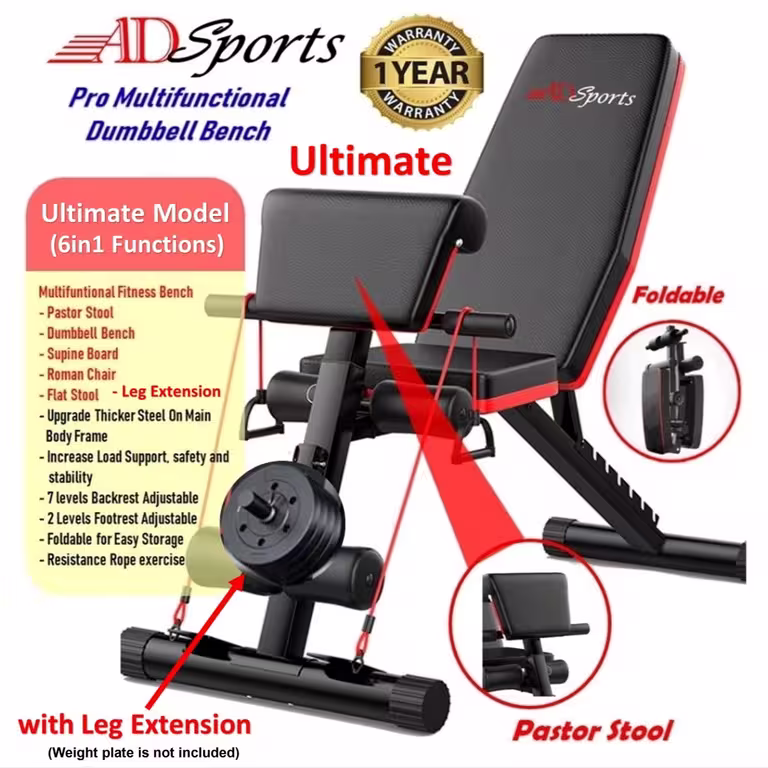 ADSPORTS AD600 All In 1 Adjustable Gym Weight Bench Foldable Sit Up Dumbbell Exercise Fitness Bench Chair Ultimate ADSPORTS