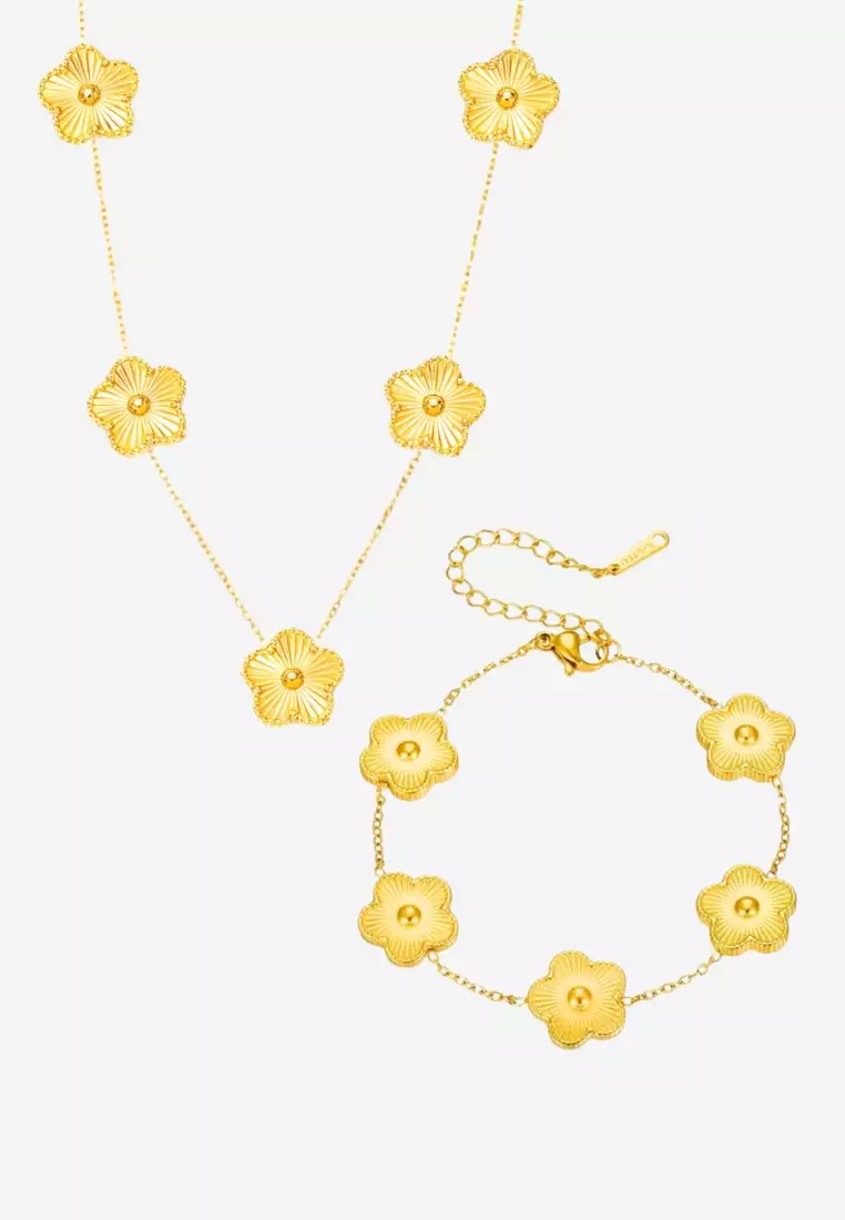 Celovis Emma Flower Necklace Paired With Emma Flower Bracelet Jewellery Set In Gold - Gold