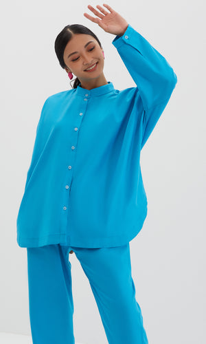 Geanna Oversized Shirt & Boot Cut Set in Cerulean Blue