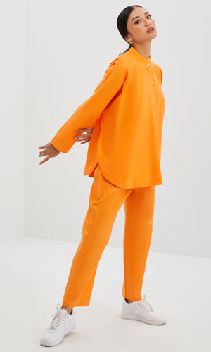 Geanna Set in Amber Orange — Cotton Oversized Shirt & Boot Cut Pants