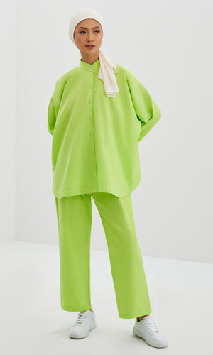 Geanna Set in Chartreuse Green – Cotton Oversized Shirt & Boot Cut Pants Set