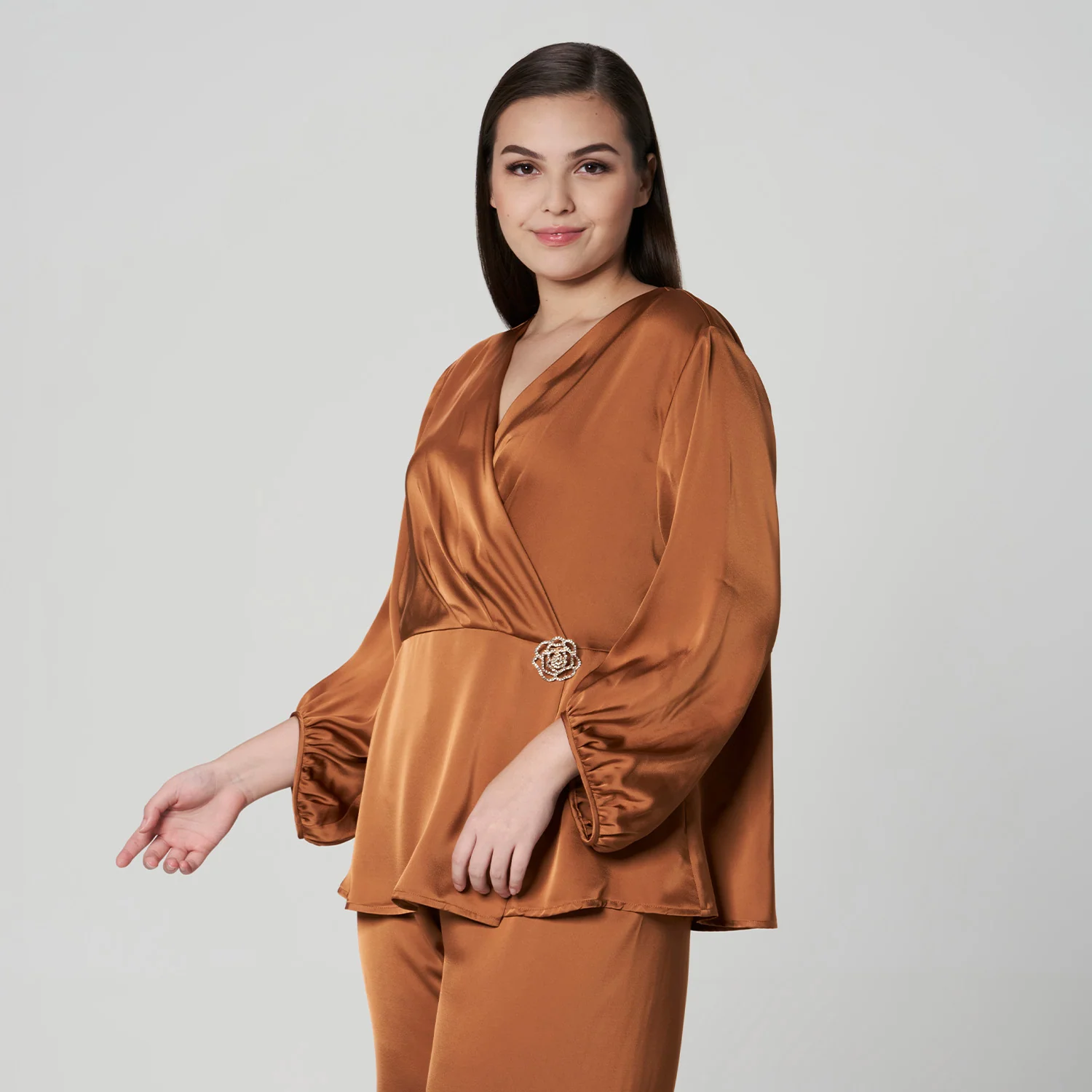 Lantern Sleeve Overlap Top in Brown (Plus Size UK 12-24)