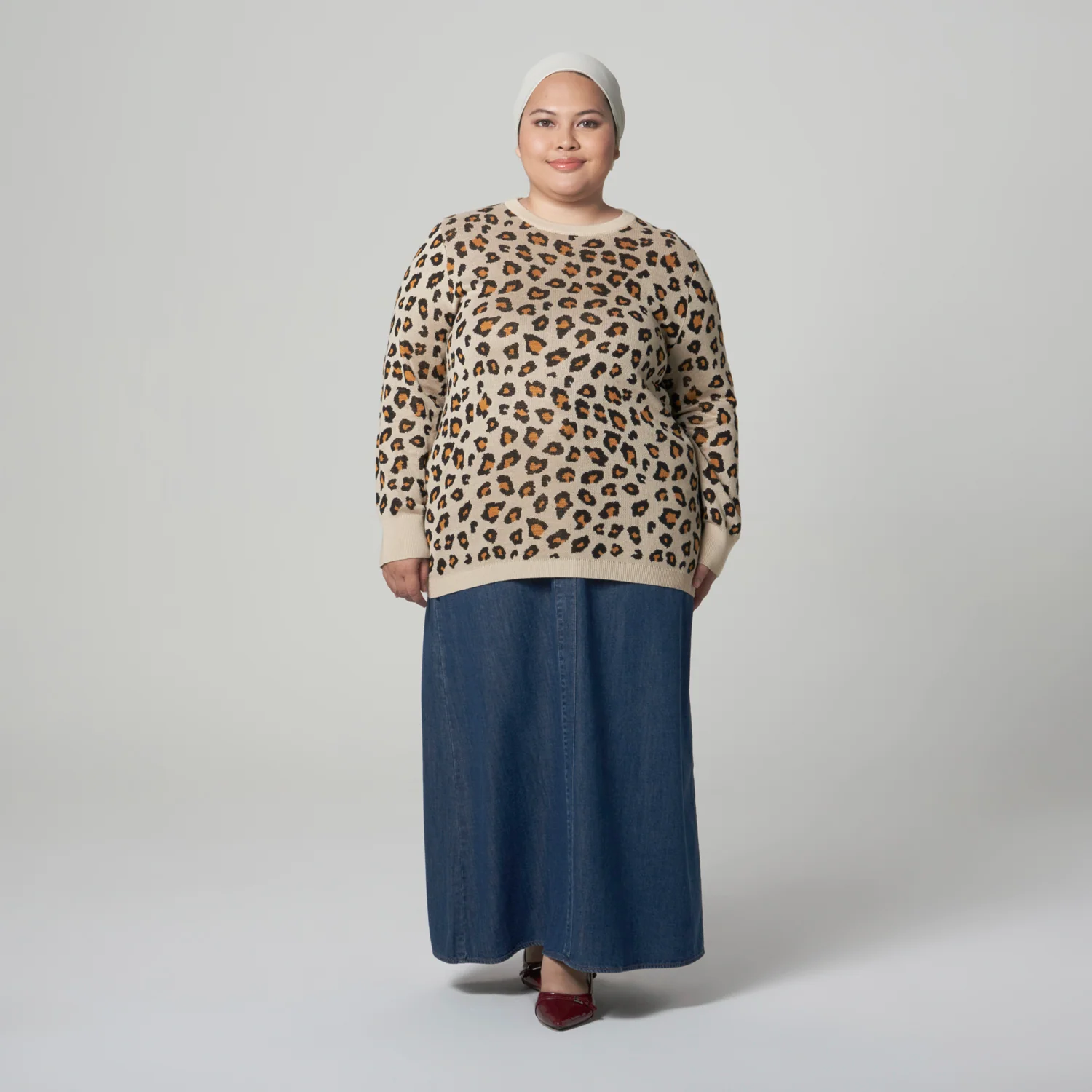 Leopard Print Cotton Crew Neck Sweater (Plus Size UK 12-24)
