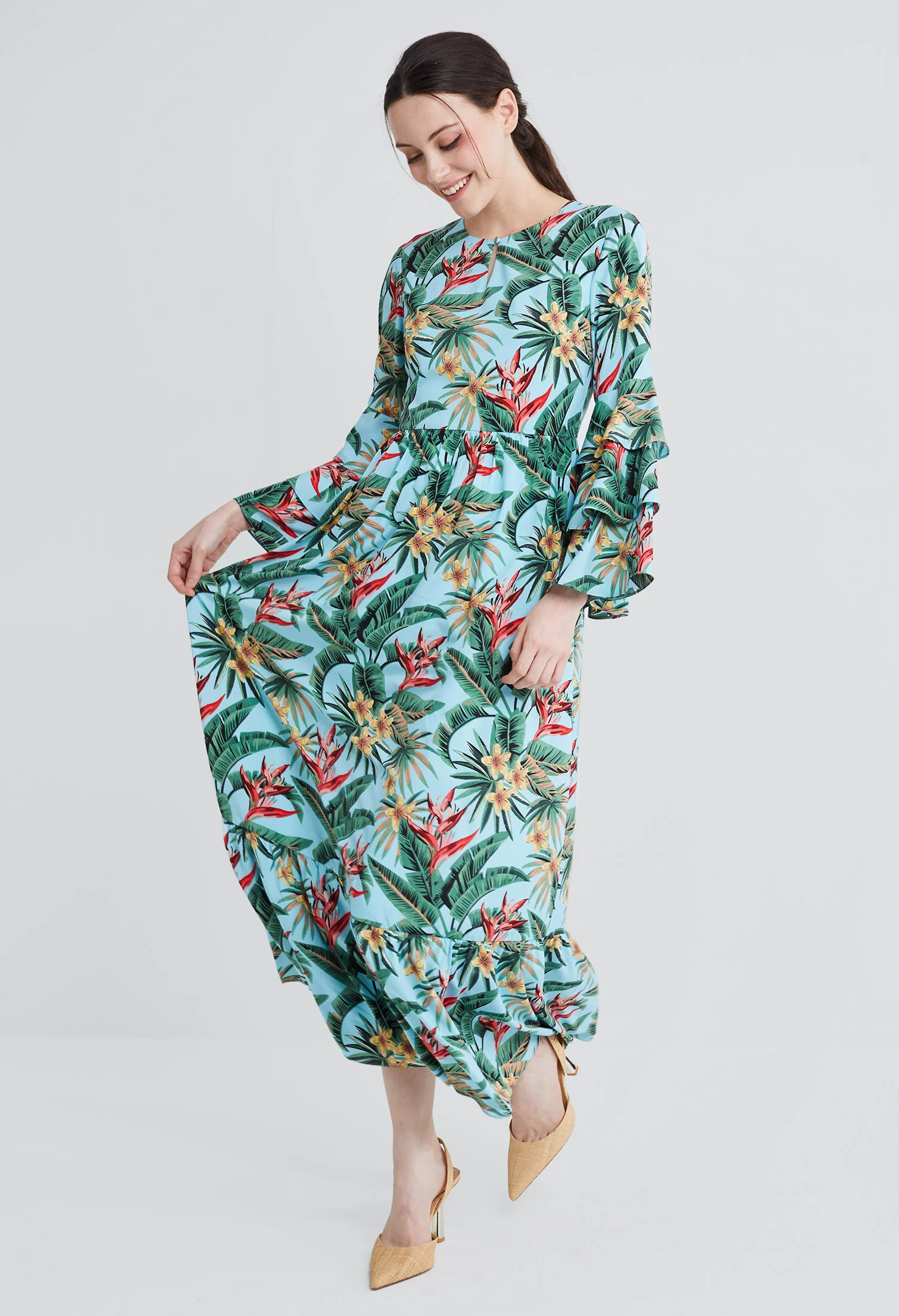 Nichii Tropical Vacay Ruffled Sleeve Tiered Maxi Dress