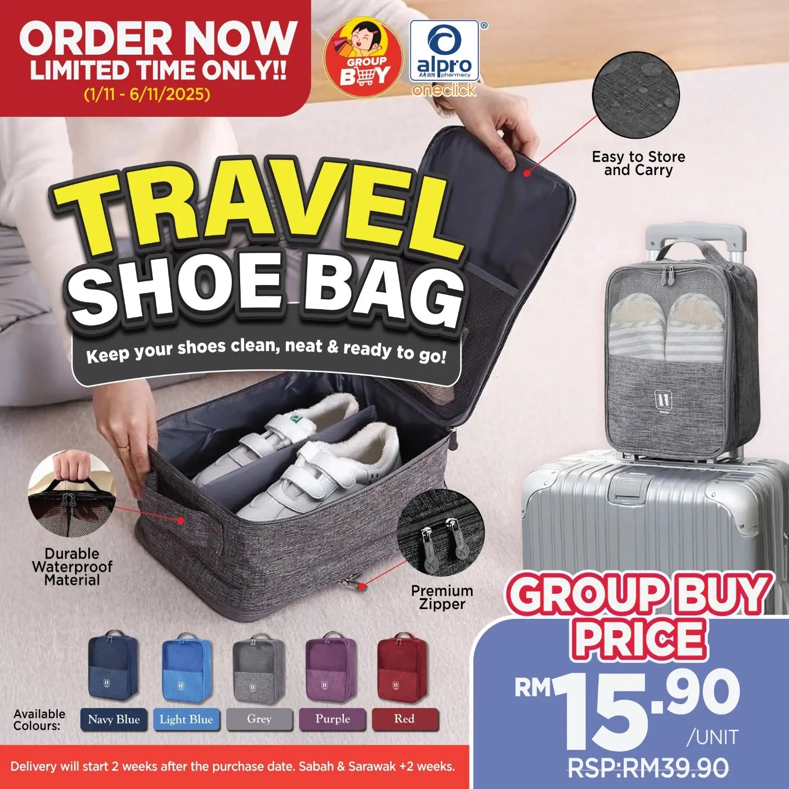Portable Shoe Bag for Travel & Sports (Red/Dark Blue/Blue/Purple/Grey)