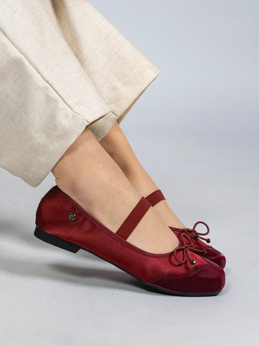 Riley Ribbon Satin Flats — Leather Toe Mary Janes with Bow