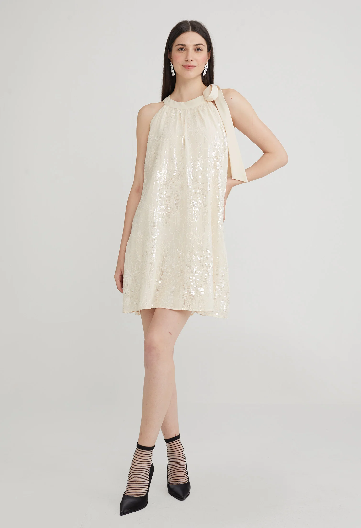 Sequin 80's Halter Dress - High Neck Ribbon Sleeveless Mini
