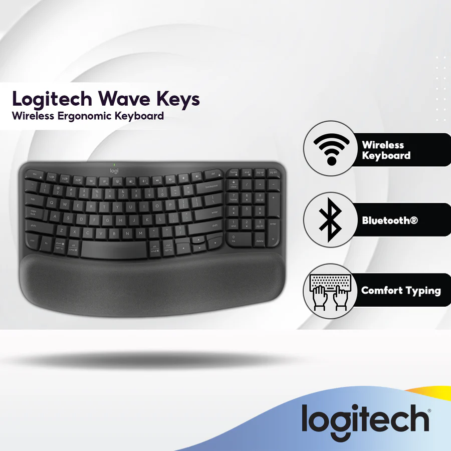 Logitech Wave Keys Wireless Ergonomic Keyboard With Cushioned Palm Rest, Comfortable Natural Typing, Easy-Switch