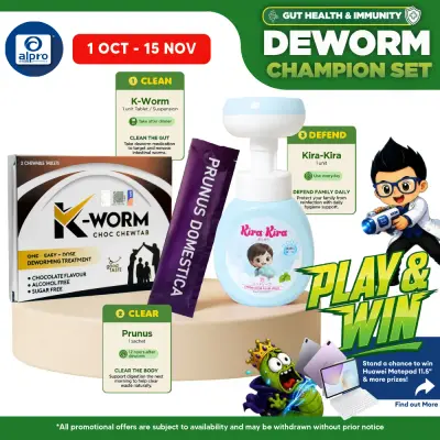 Deworm Champion Set: K-Worm Chewtab, Paw-Shaped Foam Wash & Prunus Domestica