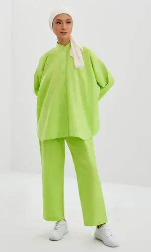 Geanna Set in Chartreuse Green – Cotton Oversized Shirt & Boot Cut Pants Set