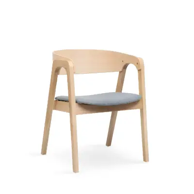 KAI Dining Chair with Armrest — Solid Rubberwood Frame, Natural/Grey Fabric Seat