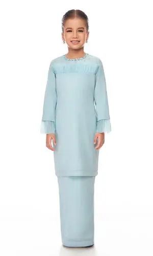 Odessa Kurung Kids in Pale Turquoise – Hand-Beaded Poly Organza Set