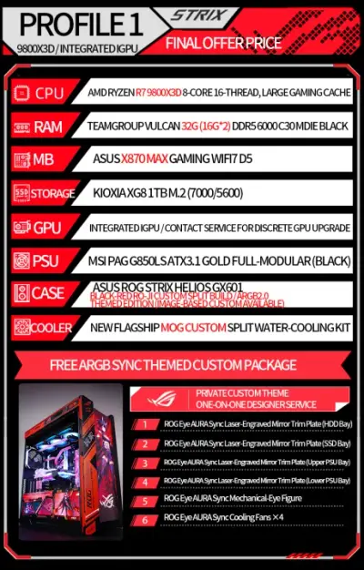 ROG Full-Set ROGHYPERION RO-JI AMD RYZEN R7 9800X3D RTX5080 O 16G FLAREX32G(16G*2) ROG STRIX X870-H Desktop Assembled Gaming PC CS2 Valorant PUBG For Live streaming design Rendering Video editing Complete Product Set Ready for Use