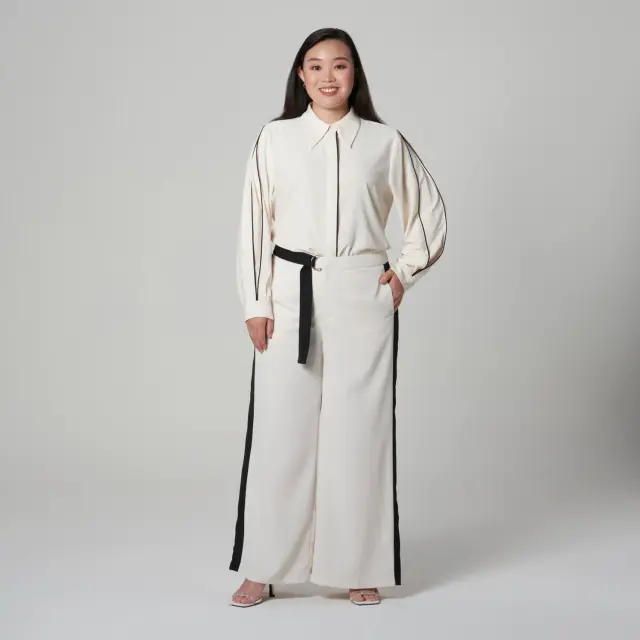 Colour Block Long Pants – Off White Plus Size Wide Leg