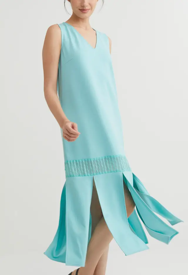 Oriental Slit Midi Dress – Seafoam Lace-Panel Final Sale