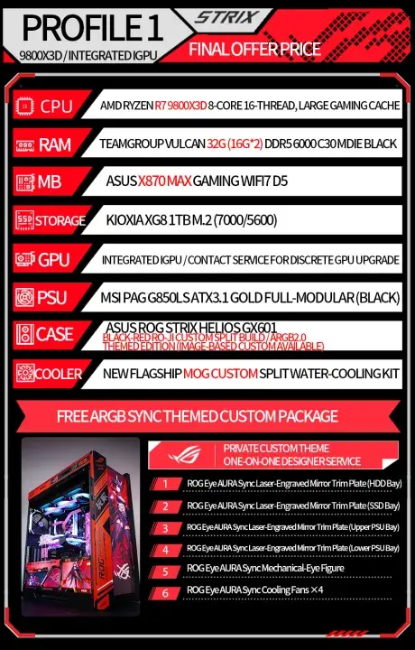 ROG Full-Set ROGHYPERION RO-JI AMD RYZEN R7 9800X3D RTX5080 O 16G FLAREX32G(16G*2) ROG STRIX X870-H Desktop Assembled Gaming PC CS2 Valorant PUBG For Live streaming design Rendering Video editing Complete Product Set Ready for Use